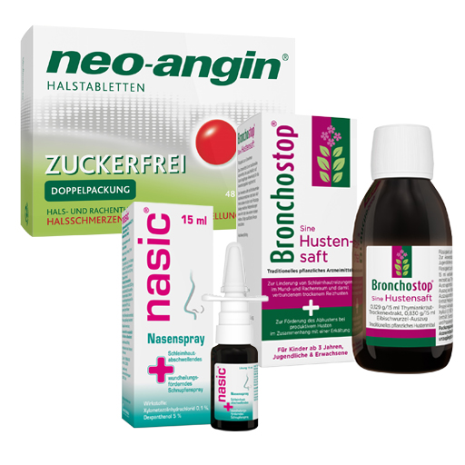 SparSet: 1x NEO-ANGIN Halstabletten zuckerfrei* 48 St + 1x NASIC Nasenspray* 15 ml + 1x BRONCHOSTOP Sine Hustensaft* 200 ml